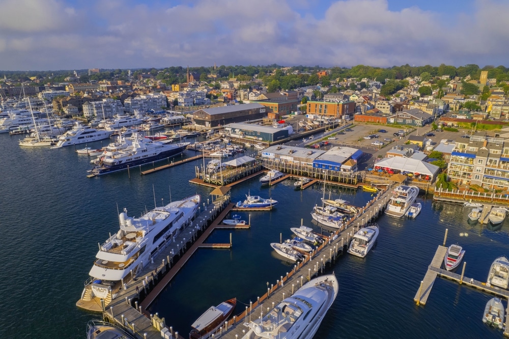 An,Aerial,Closeup,Of,A,Harbor,With,Ships,Docked,In
