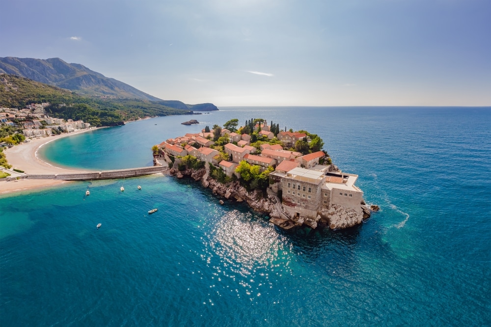 Aerophotography.,View,From,Flying,Drone.,Panoramic,View,Of,Sveti,Stefan