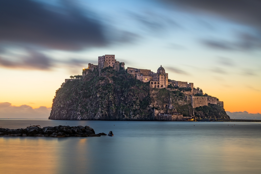 Ischia,,Italy,With,Aragonese,Castle,In,The,Mediterranean,At,Dawn.