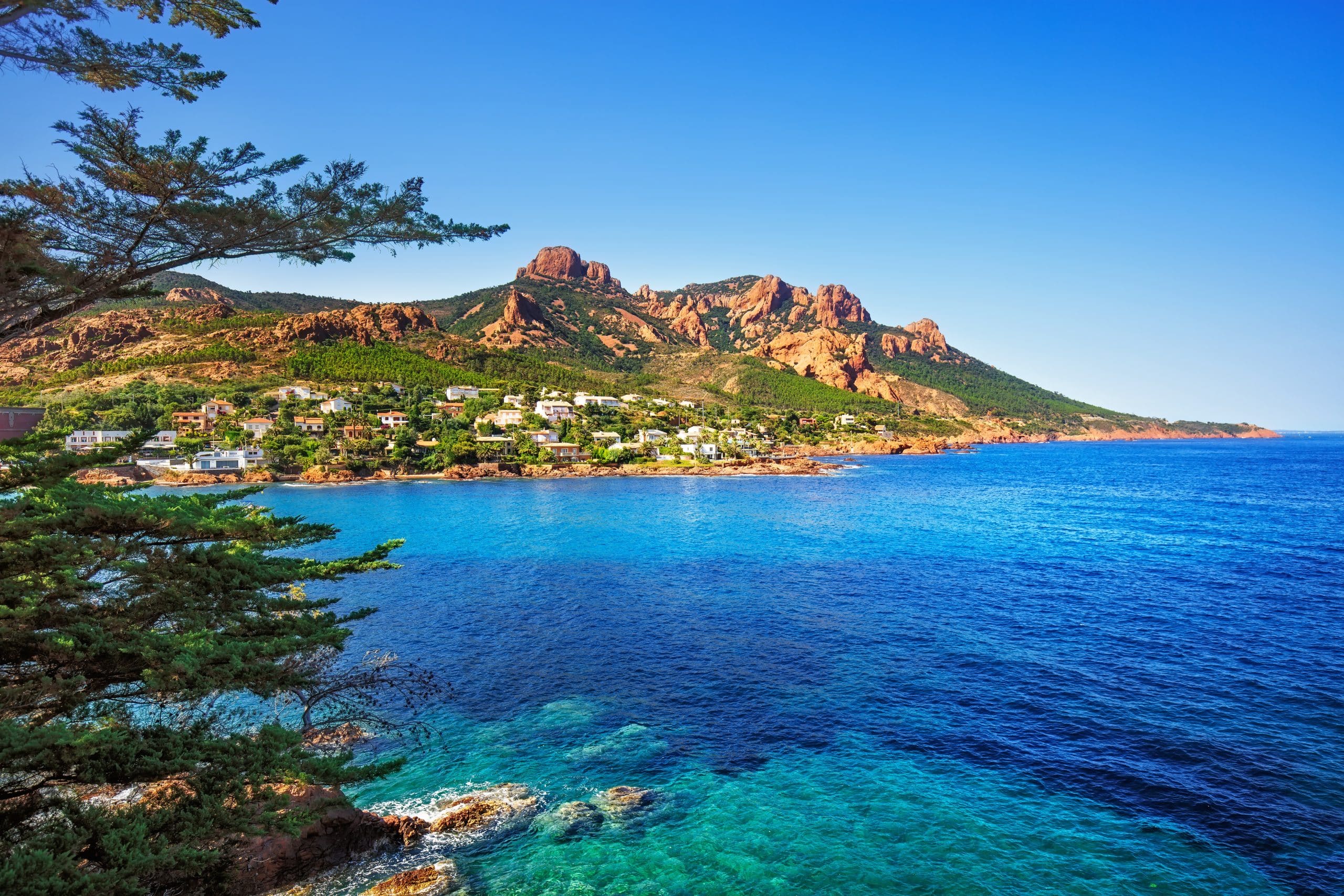 Esterel,Mediterranean,Red,Rocks,Coast,,Beach,,Tree,And,Sea.,French